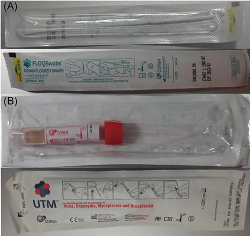 Testy na koronavírus zo sĺz A: vatová tyčinka pre odber sĺz z oka B: transportné médium